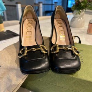 Gucci Black Leather Mid-heel Pump with Horsebit Size 38.5